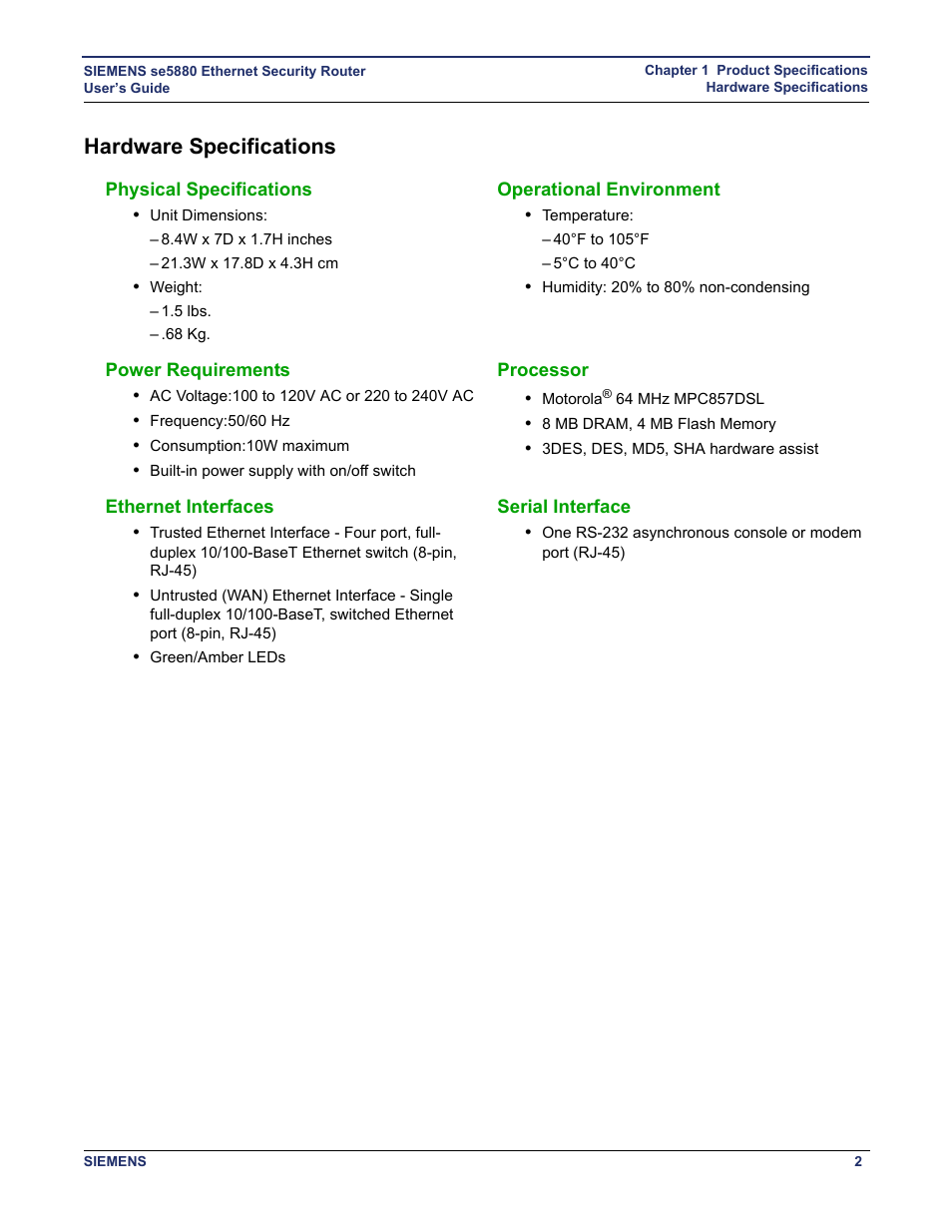 Hardware specifications, Physical specifications, Operational environment | Power requirements, Processor, Ethernet interfaces, Serial interface | Siemens se5880 User Manual | Page 8 / 86