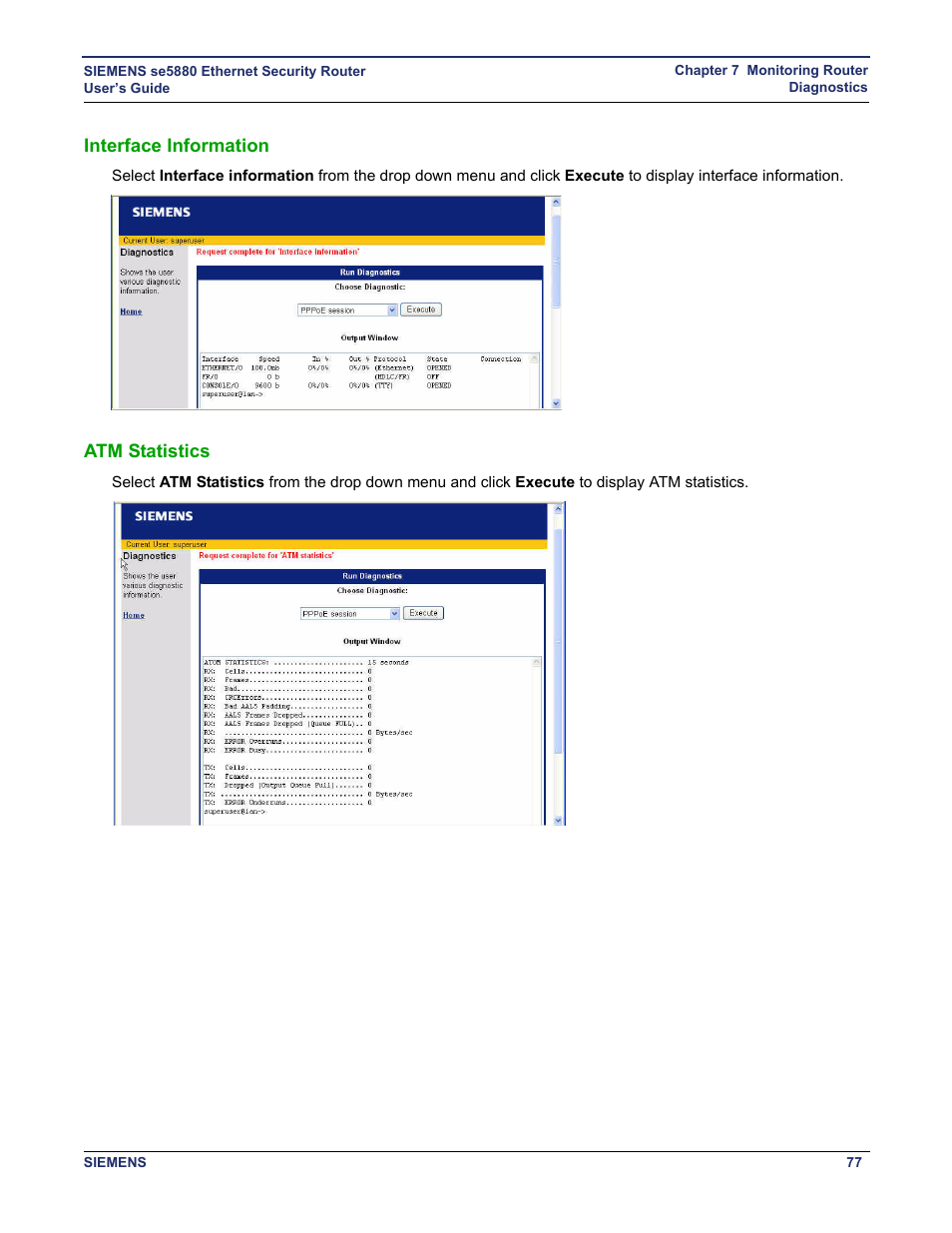 Interface information, Atm statistics, Interface information atm statistics | Siemens se5880 User Manual | Page 83 / 86