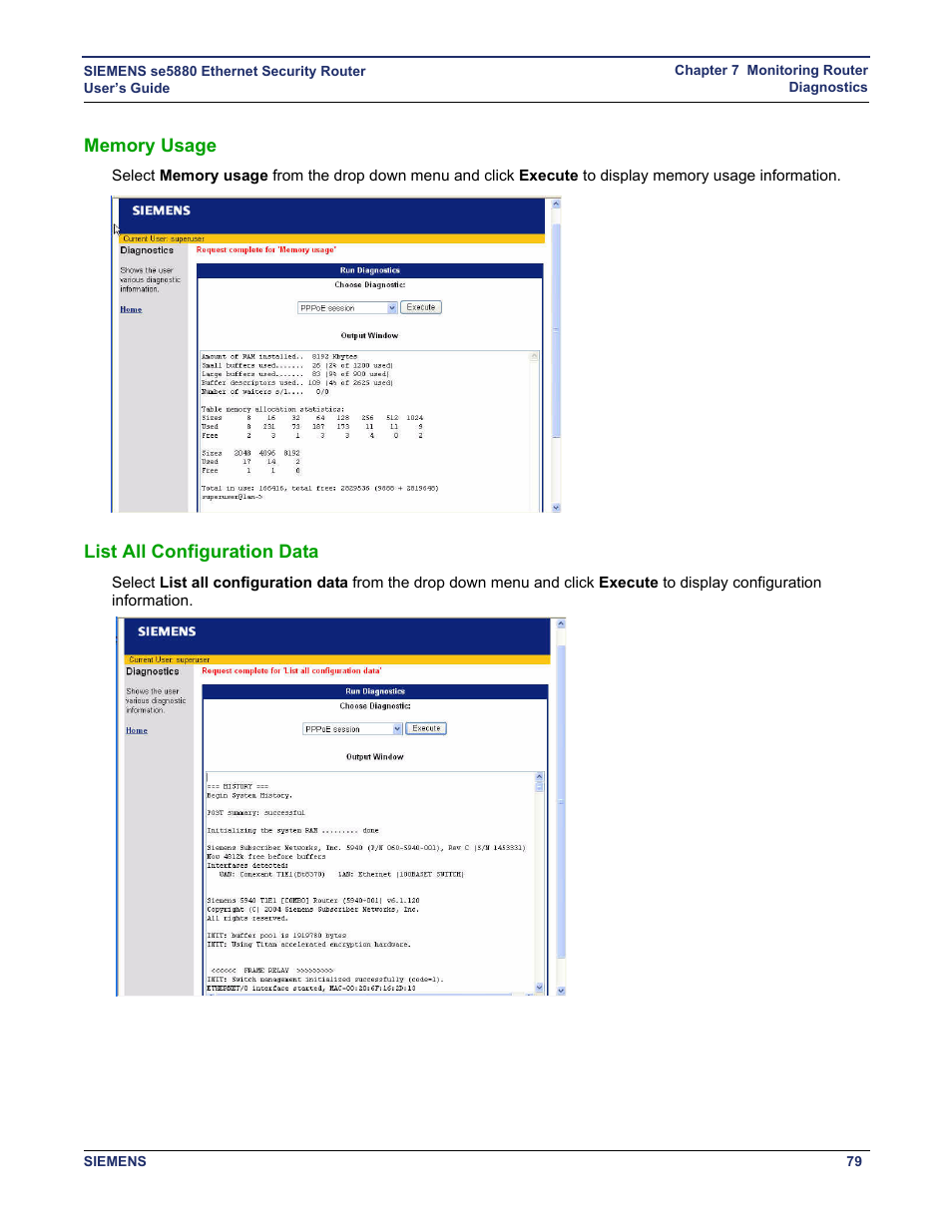 Memory usage, List all configuration data, Memory usage list all configuration data | Siemens se5880 User Manual | Page 85 / 86