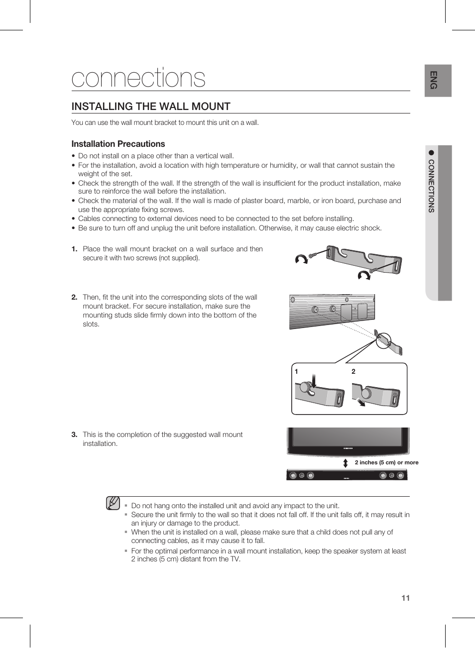 Connections, Installing the wall mount | Samsung HW-D450-ZA User Manual | Page 11 / 24