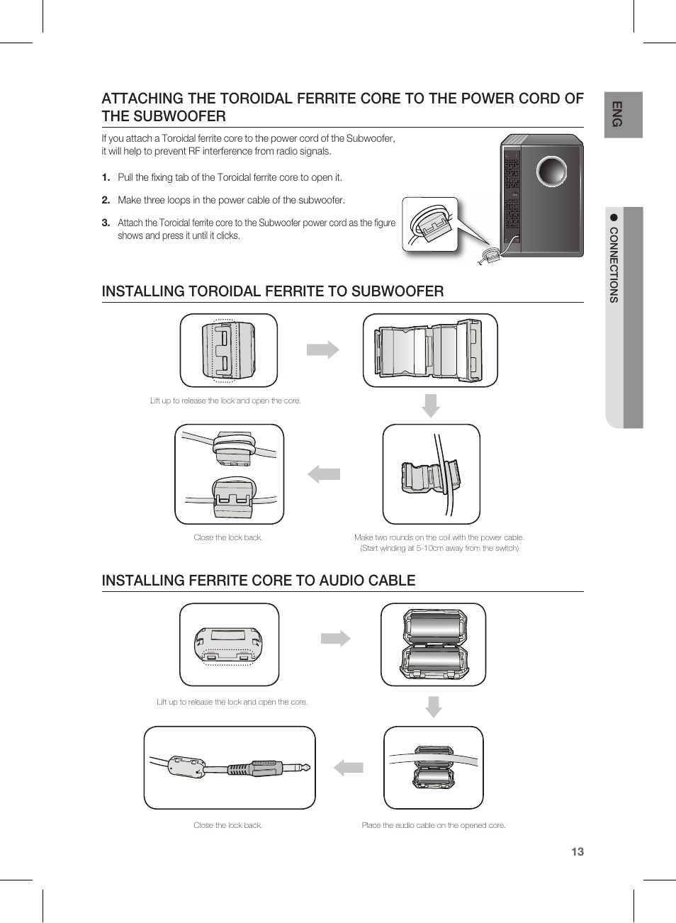 Installing toroidal ferrite to subwoofer, Installing ferrite core to audio cable | Samsung HW-D450-ZA User Manual | Page 13 / 24