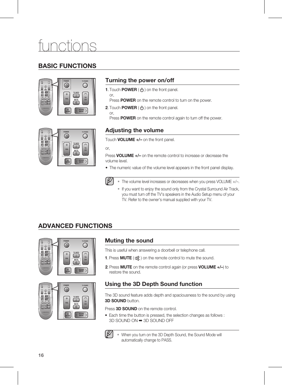 Functions, Advanced functions basic functions, Turning the power on/off | Adjusting the volume, Muting the sound, Using the 3d depth sound function, Tv power | Samsung HW-D450-ZA User Manual | Page 16 / 24