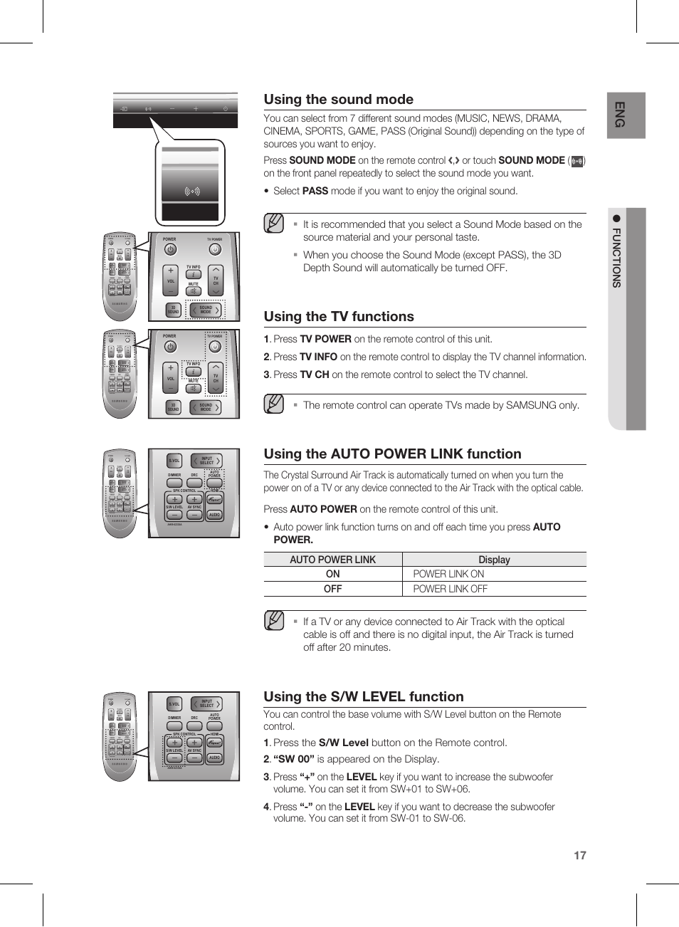 Using the sound mode, Using the tv functions, Using the auto power link function | Using the s/w level function, F un ctio n s, Or touch sound mode, Tv power | Samsung HW-D450-ZA User Manual | Page 17 / 24