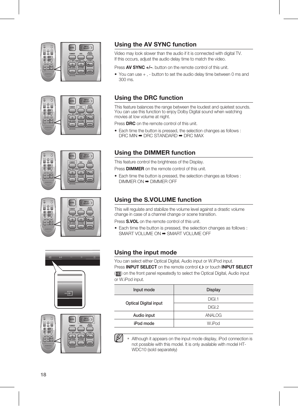 Using the av sync function, Using the drc function, Using the dimmer function | Using the s.volume function, Using the input mode, Tv power, Or touch input select | Samsung HW-D450-ZA User Manual | Page 18 / 24