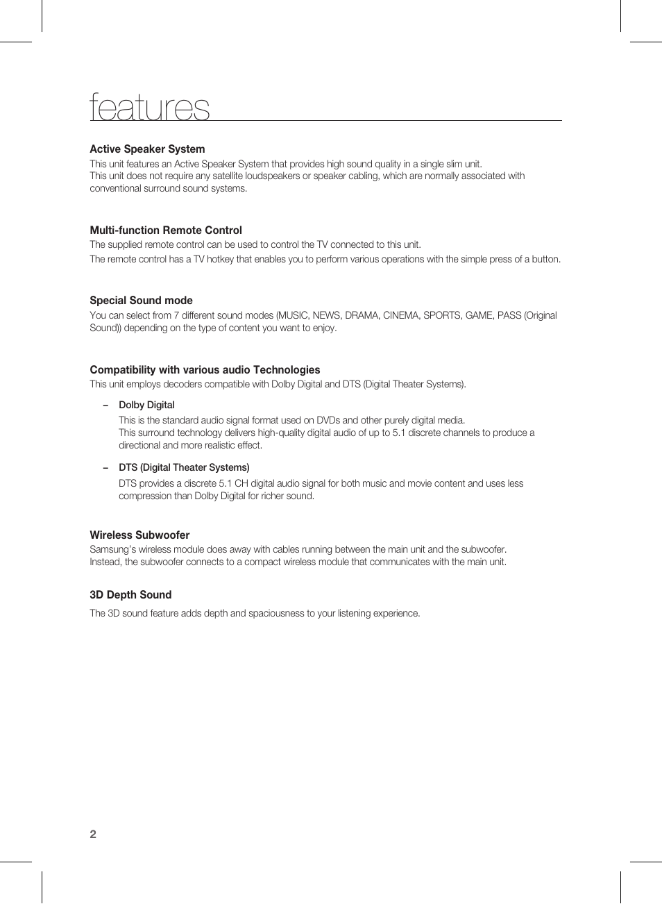 Features | Samsung HW-D450-ZA User Manual | Page 2 / 24