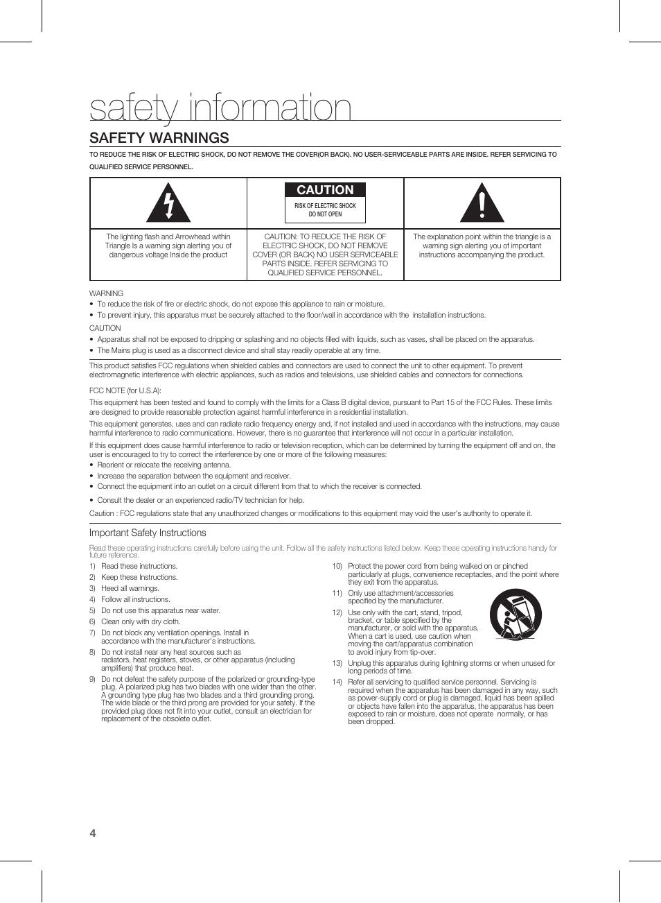 Safety information, Safety warnings, Caution | Samsung HW-D450-ZA User Manual | Page 4 / 24
