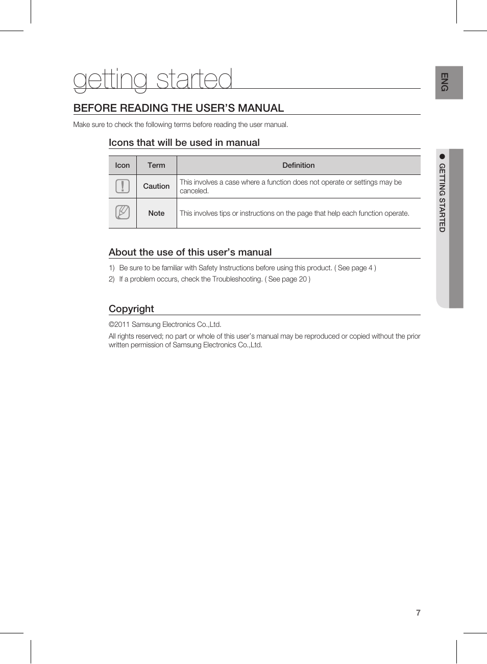 Getting started, Before reading the user’s manual | Samsung HW-D450-ZA User Manual | Page 7 / 24
