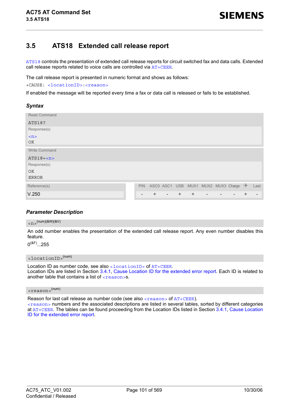 5 ats18 extended call release report, Ats18 extended call release report, Ats18 | Ac75 at command set | Siemens AC75 User Manual | Page 101 / 569