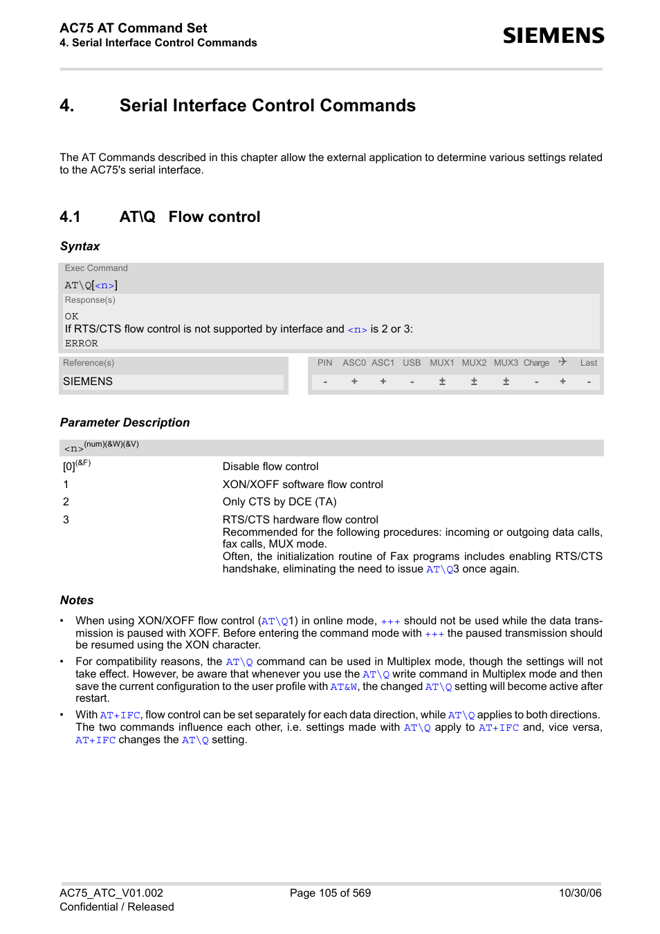 Serial interface control commands, 1 at\q flow control, Serial interface control commands 4.1 | At\q flow control, At\q, 3 or, E me is, Simply check, L is, 0 wh | Siemens AC75 User Manual | Page 105 / 569