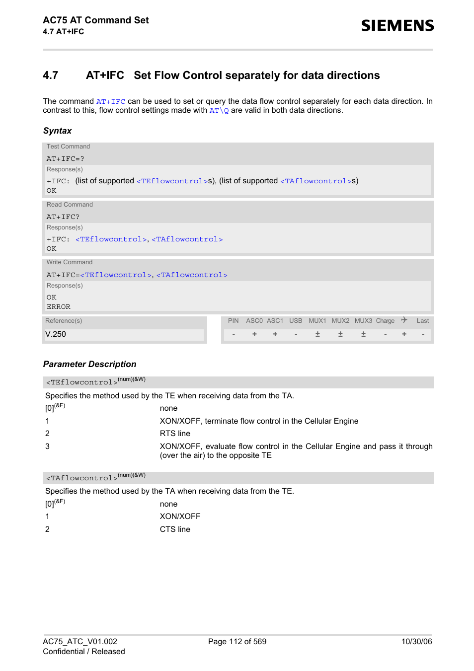 At+ifc, Ac75 at command set | Siemens AC75 User Manual | Page 112 / 569