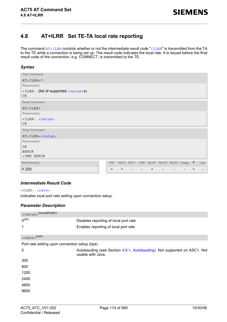 8 at+ilrr set te-ta local rate reporting, At+ilrr set te-ta local rate reporting, Ac75 at command set | Siemens AC75 User Manual | Page 114 / 569