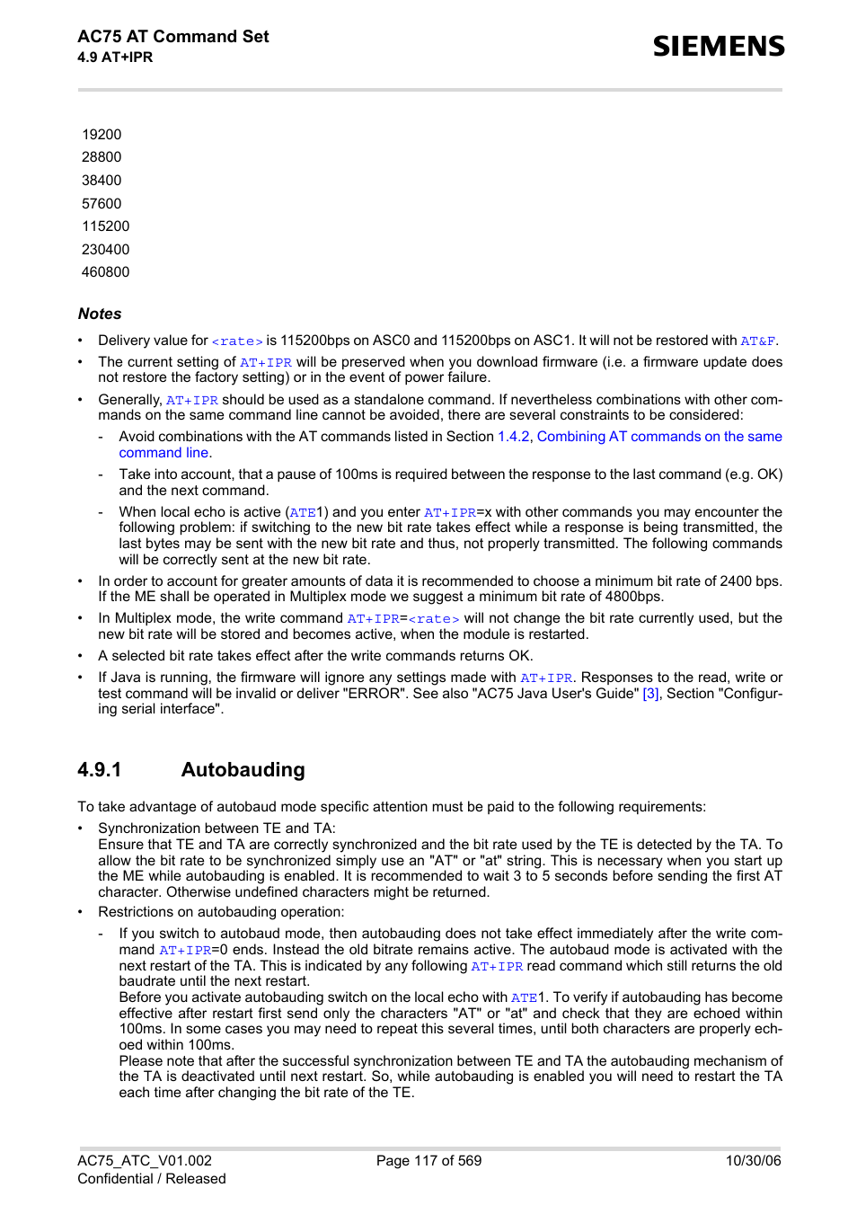 1 autobauding, Autobauding, Ac75 at command set | Siemens AC75 User Manual | Page 117 / 569