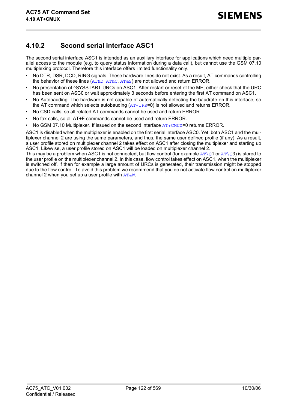 2 second serial interface asc1, Second serial interface asc1 | Siemens AC75 User Manual | Page 122 / 569