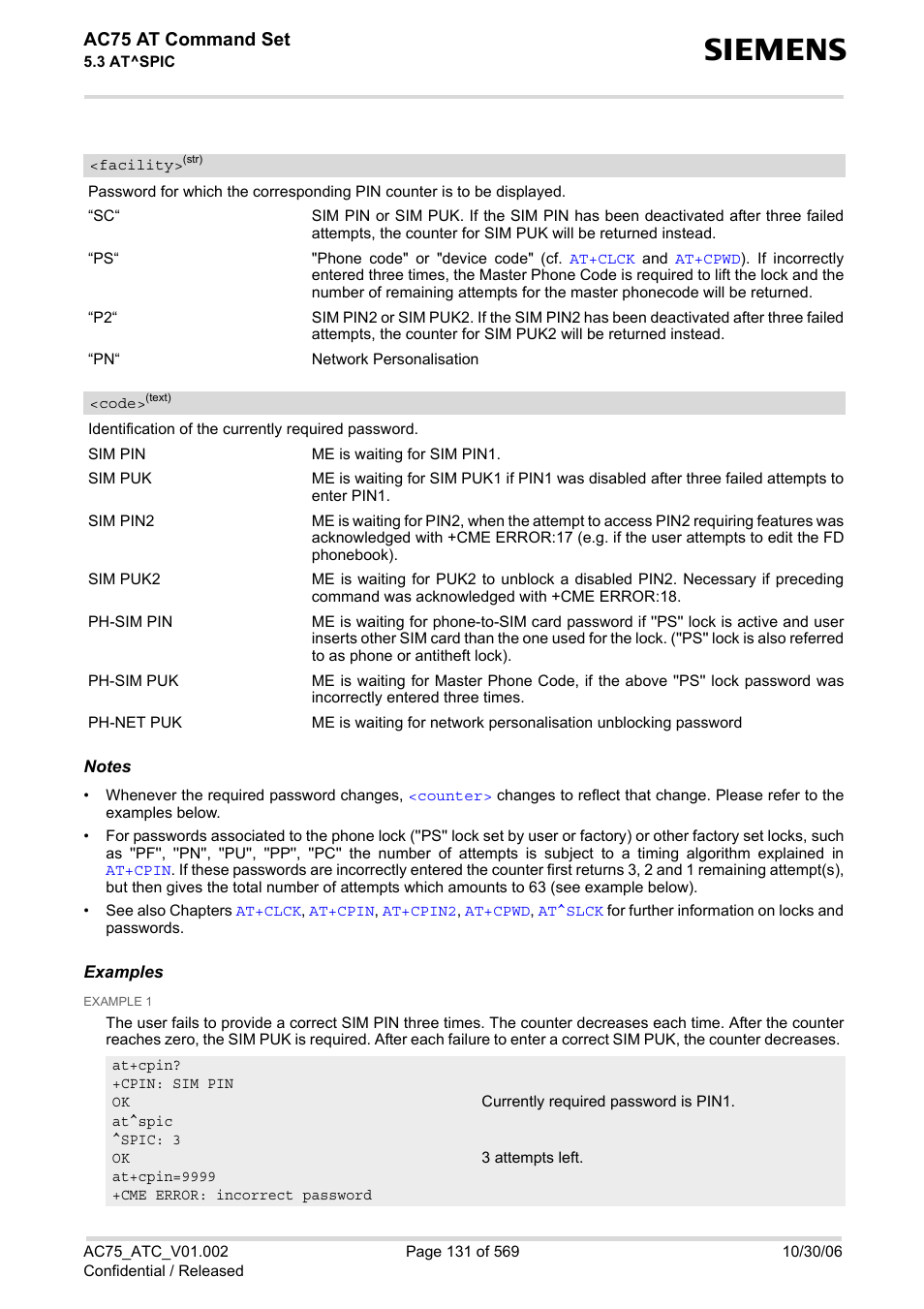 Facility, Spic, Code | Ac75 at command set | Siemens AC75 User Manual | Page 131 / 569