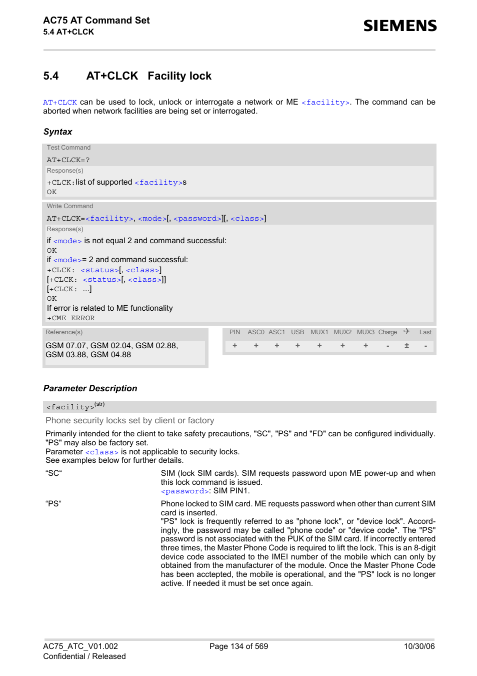 4 at+clck facility lock, At+clck facility lock, At+clck | Ac75 at command set | Siemens AC75 User Manual | Page 134 / 569