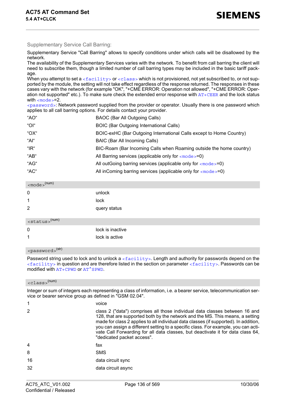 Class, Password, Mode | Clck, Status, Ac75 at command set | Siemens AC75 User Manual | Page 136 / 569