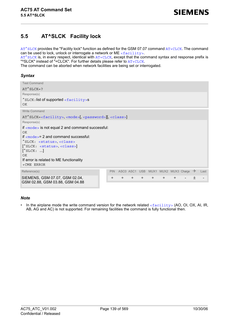 5 at^slck facility lock, At^slck facility lock, At^slck | Ac75 at command set | Siemens AC75 User Manual | Page 139 / 569