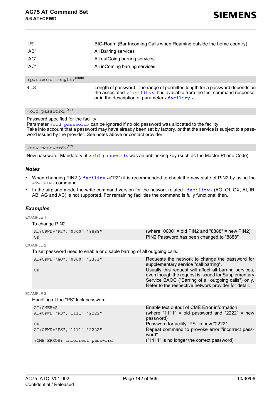 Old password, Password length, New password | Ac75 at command set | Siemens AC75 User Manual | Page 142 / 569