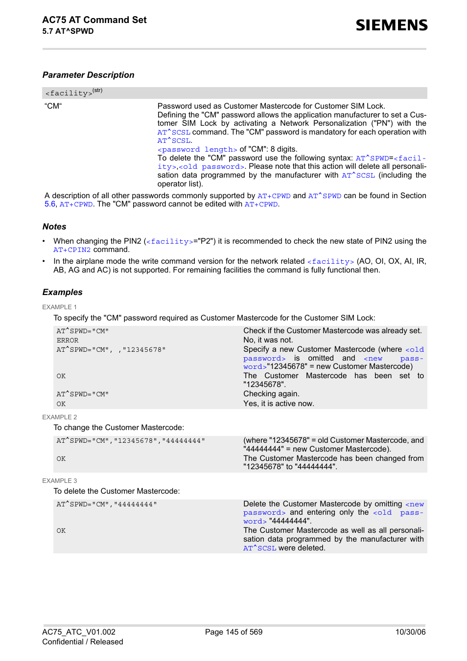 Facility, Ac75 at command set | Siemens AC75 User Manual | Page 145 / 569