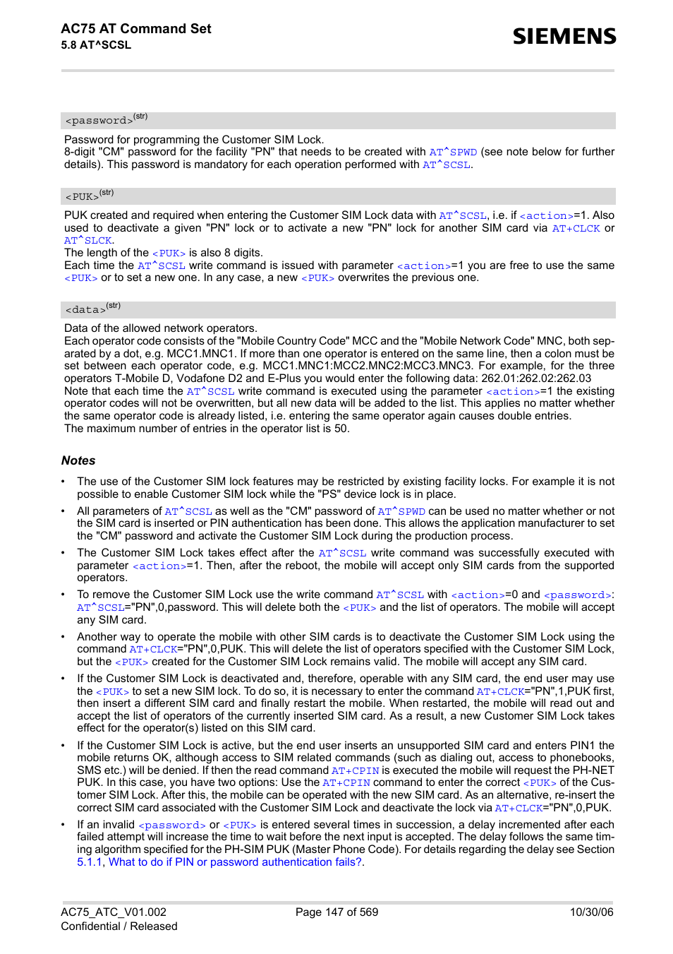 Password, Networ, Data | Scsl, Ac75 at command set | Siemens AC75 User Manual | Page 147 / 569
