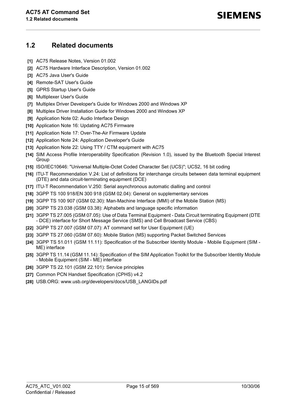 2 related documents, Related documents, Ac75 at command set | Siemens AC75 User Manual | Page 15 / 569