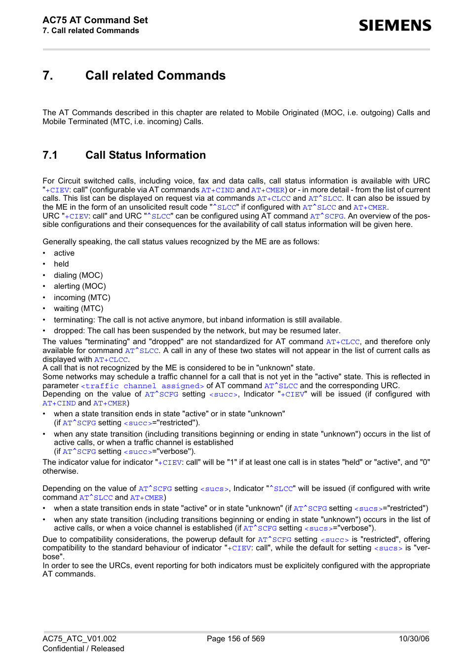 Call related commands, 1 call status information, Call related commands 7.1 | Call status information, For a ca, Call, Status information, Call status infor, Mation, Ac75 at command set | Siemens AC75 User Manual | Page 156 / 569