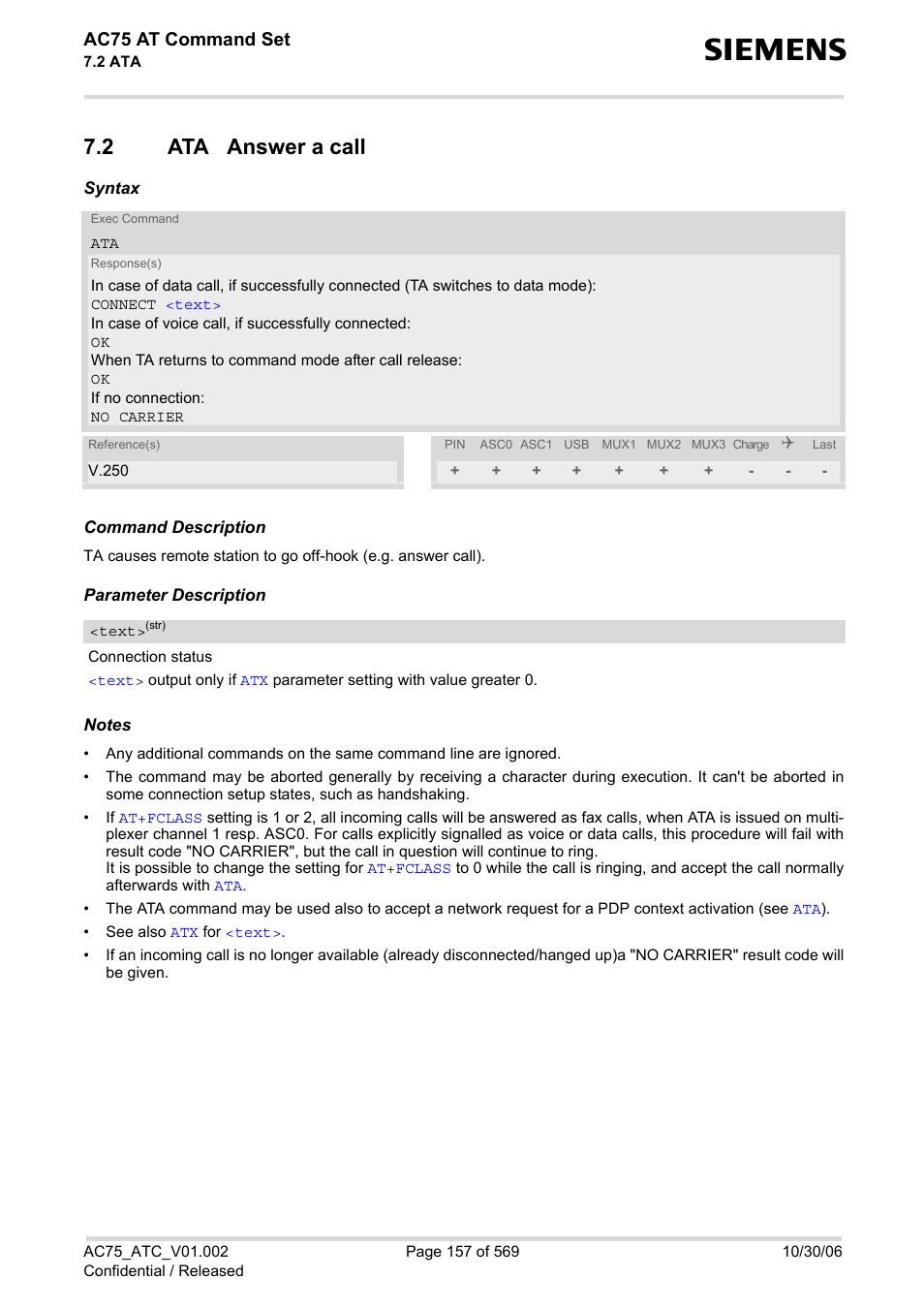 2 ata answer a call, Ata answer a call, With | Text, Ac75 at command set | Siemens AC75 User Manual | Page 157 / 569