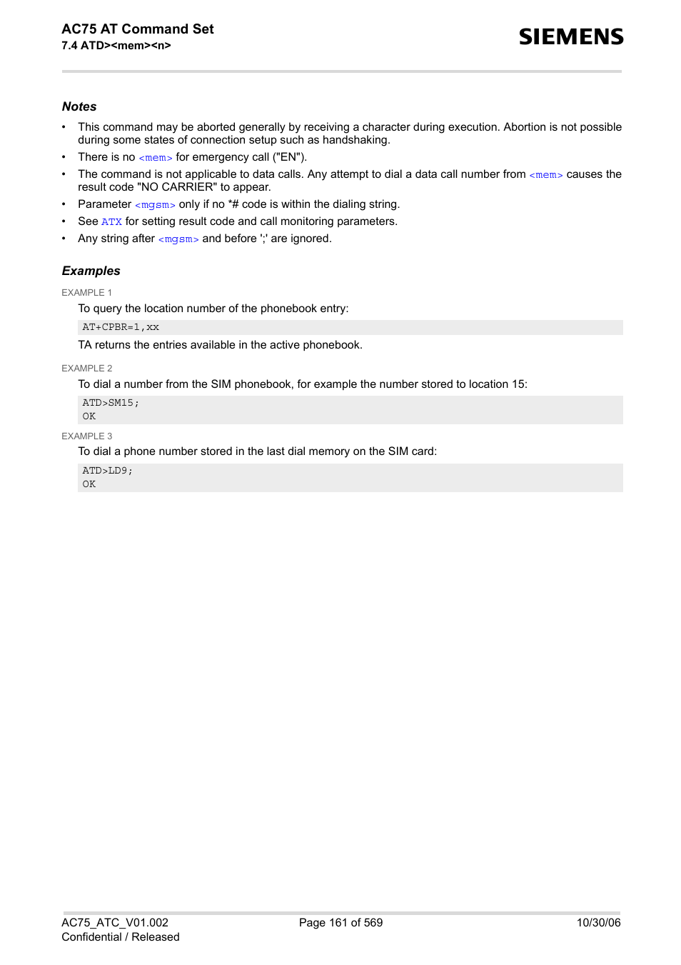 Ac75 at command set | Siemens AC75 User Manual | Page 161 / 569