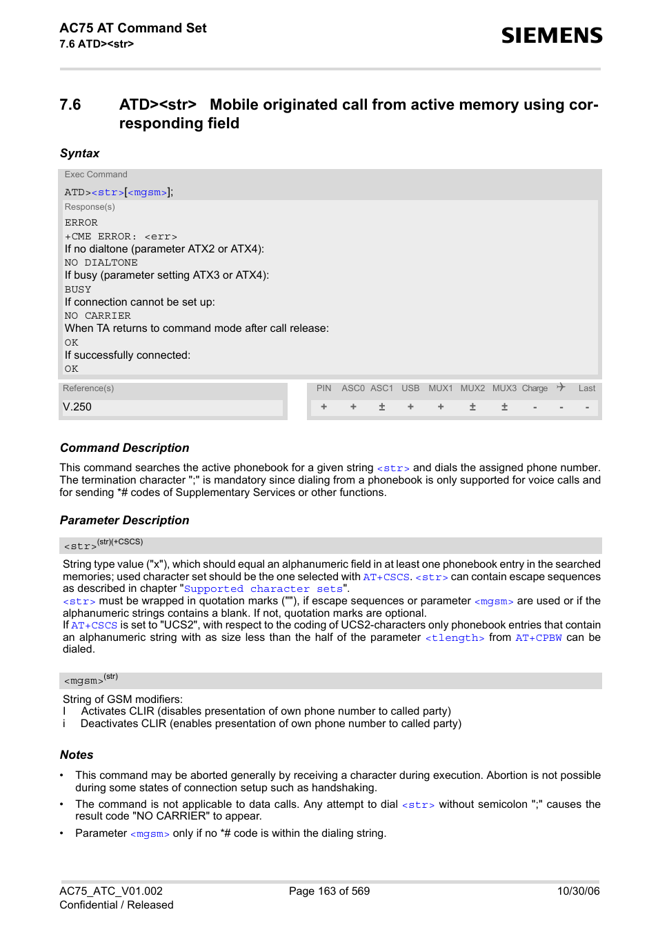 Ac75 at command set | Siemens AC75 User Manual | Page 163 / 569