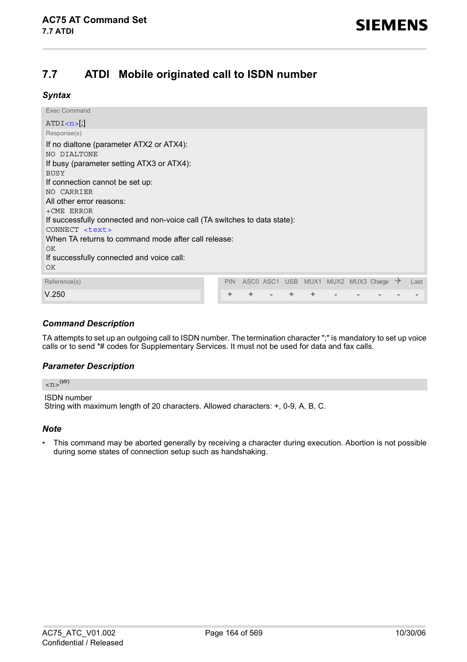 7 atdi mobile originated call to isdn number, Atdi mobile originated call to isdn number, Atdi | Ac75 at command set | Siemens AC75 User Manual | Page 164 / 569