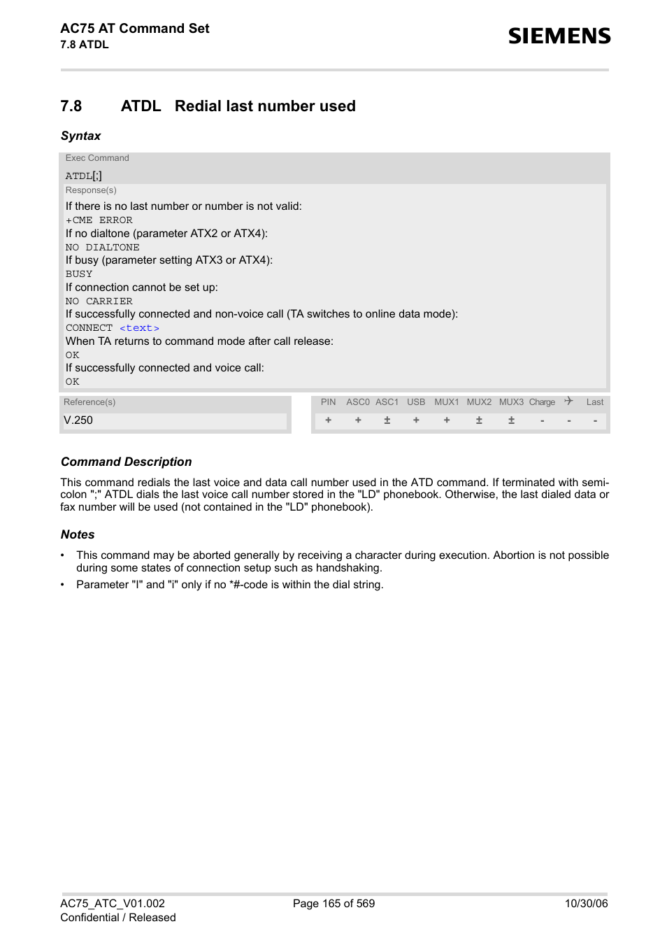 8 atdl redial last number used, Atdl redial last number used, Atdl | Siemens AC75 User Manual | Page 165 / 569