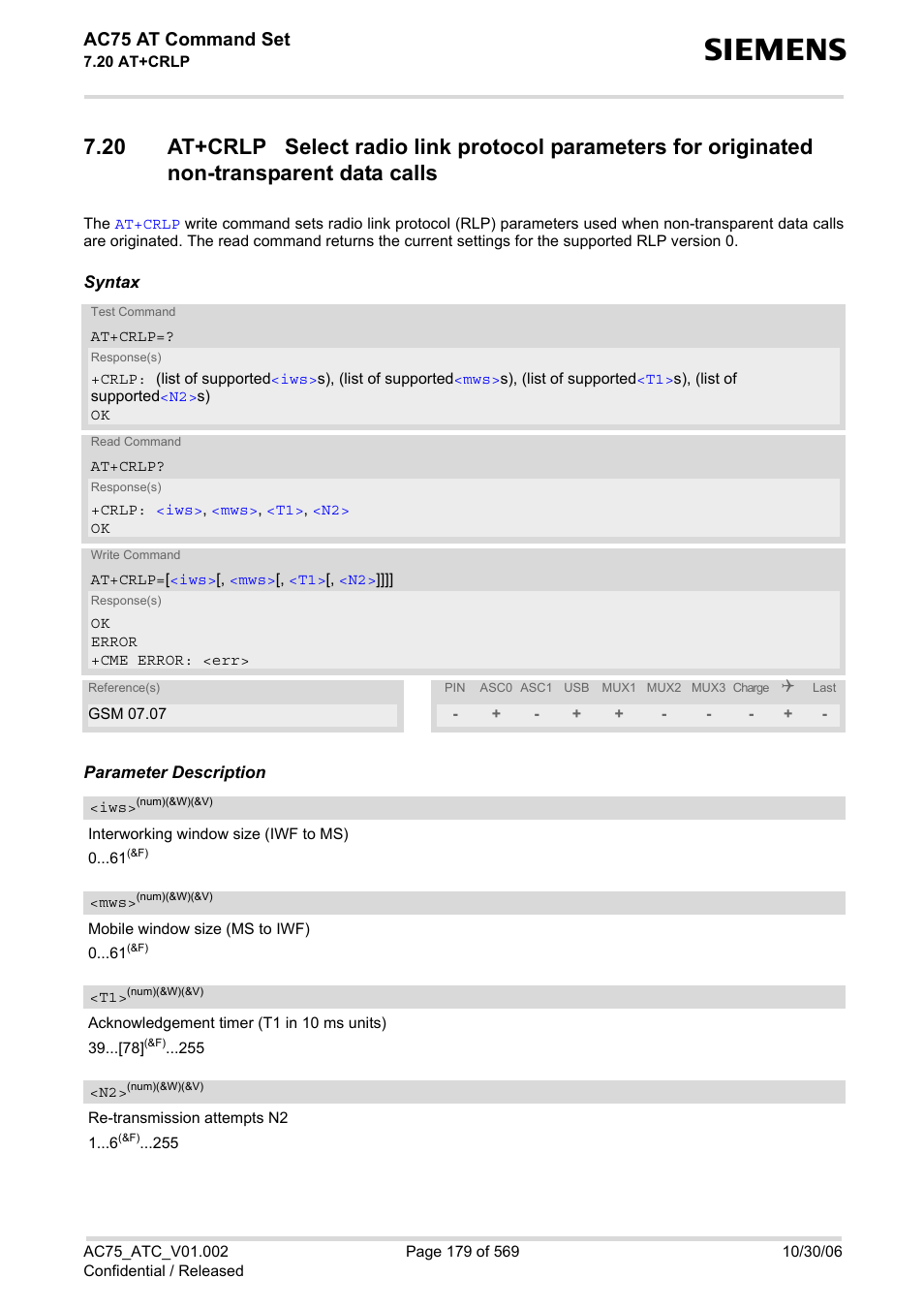 At+crlp, Ac75 at command set | Siemens AC75 User Manual | Page 179 / 569