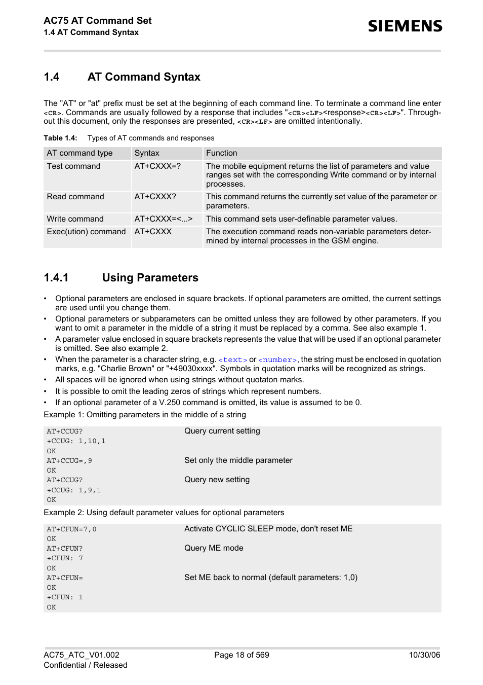 4 at command syntax, 1 using parameters, At command syntax 1.4.1 | Using parameters, Table 1.4, Types of at commands and responses, At command syntax, For d | Siemens AC75 User Manual | Page 18 / 569