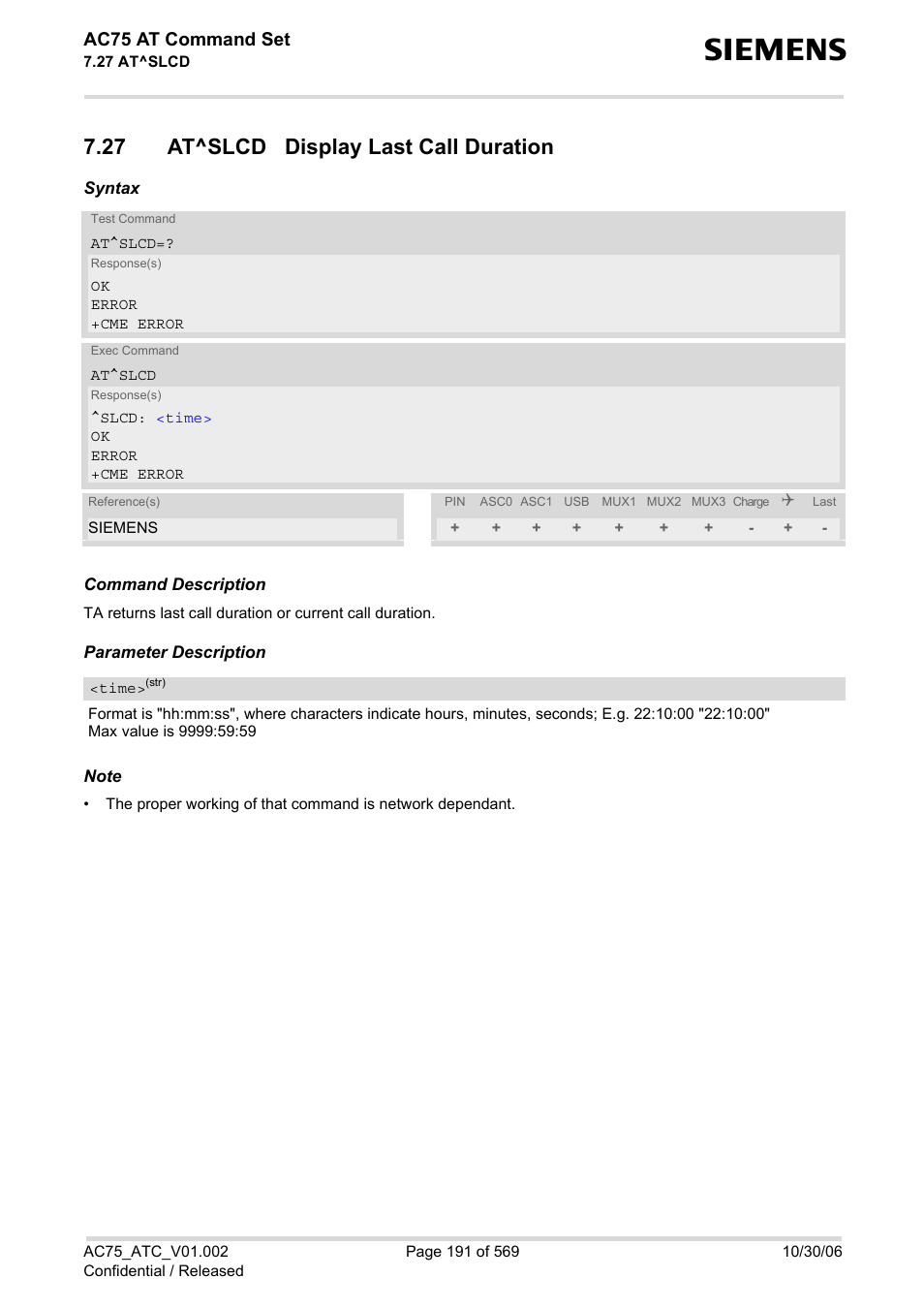 27 at^slcd display last call duration, Ac75 at command set | Siemens AC75 User Manual | Page 191 / 569