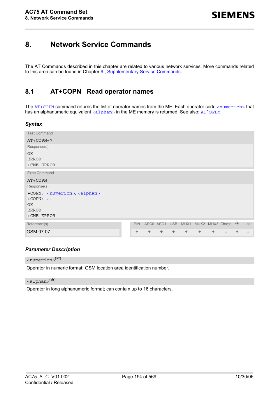 Network service commands, 1 at+copn read operator names, Network service commands 8.1 | At+copn read operator names, Ac75 at command set | Siemens AC75 User Manual | Page 194 / 569