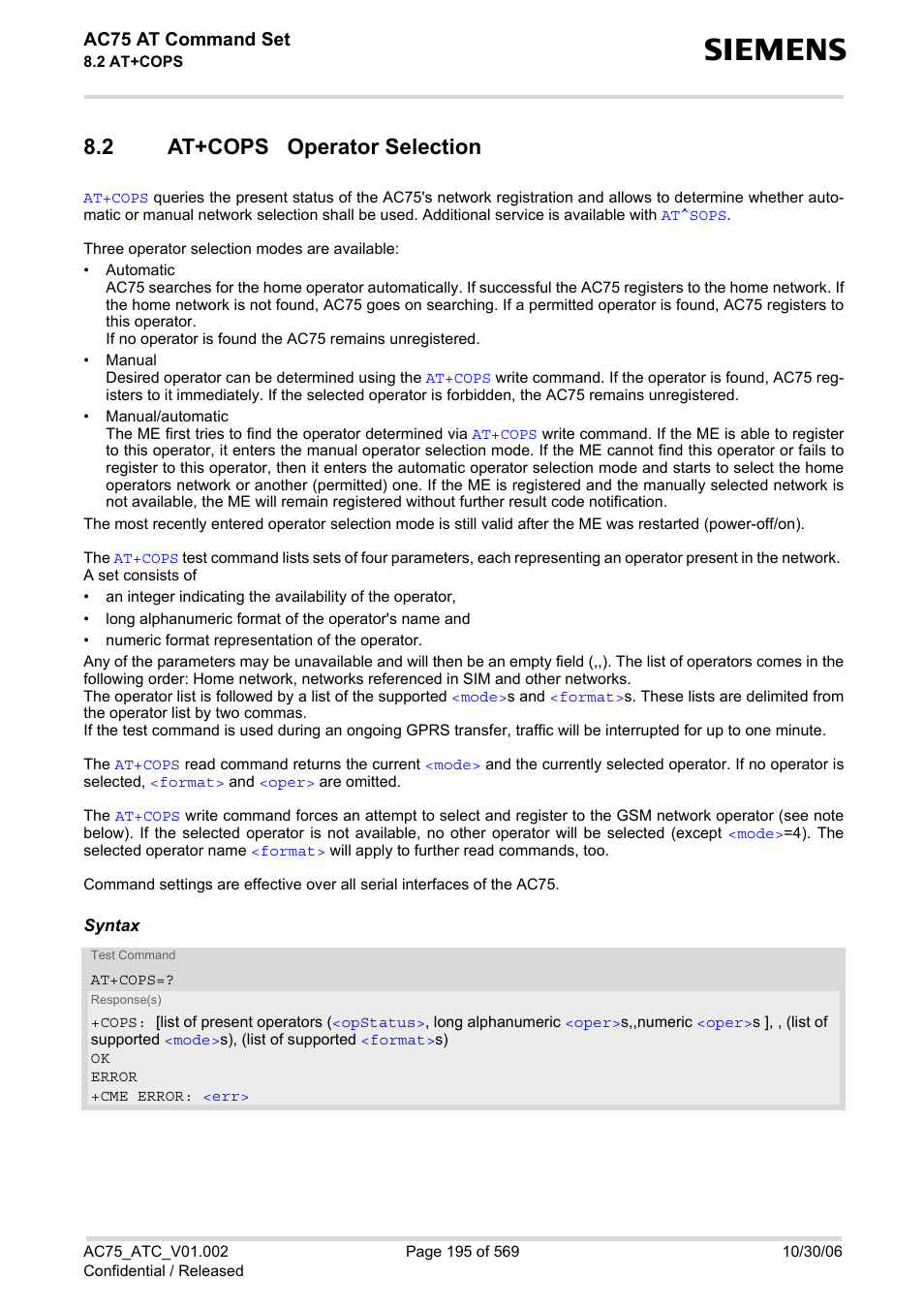 2 at+cops operator selection, At+cops operator selection, At+cops | Ac75 at command set | Siemens AC75 User Manual | Page 195 / 569