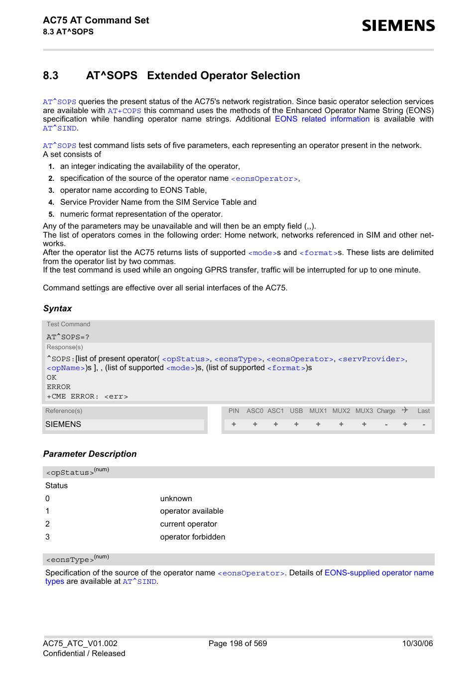 3 at^sops extended operator selection, At^sops extended operator selection, At^sops | Ac75 at command set | Siemens AC75 User Manual | Page 198 / 569