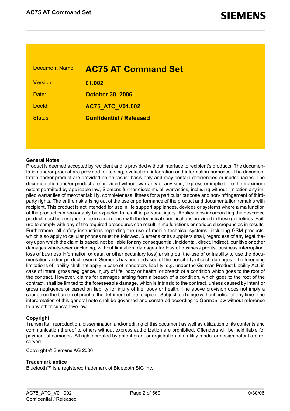 Ac75 at command set | Siemens AC75 User Manual | Page 2 / 569