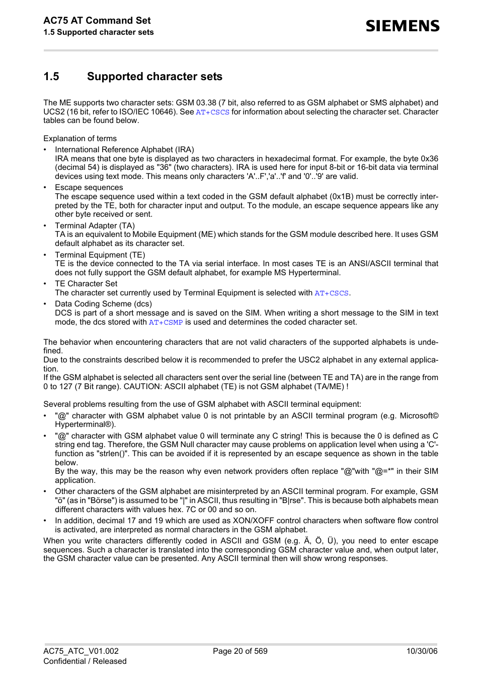 5 supported character sets, Supported character sets | Siemens AC75 User Manual | Page 20 / 569