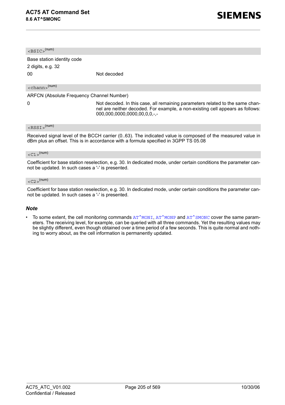 Bsic, Chann, Rssi | Ac75 at command set | Siemens AC75 User Manual | Page 205 / 569