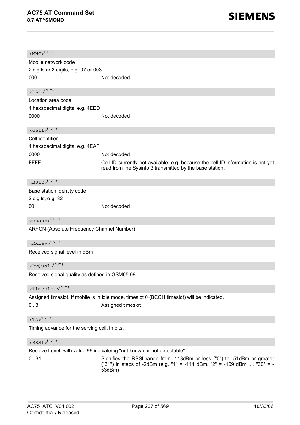 Cell, Bsic, Chann | Rxlev, Full, Rxqual, Timeslot, Rssi, Ac75 at command set | Siemens AC75 User Manual | Page 207 / 569