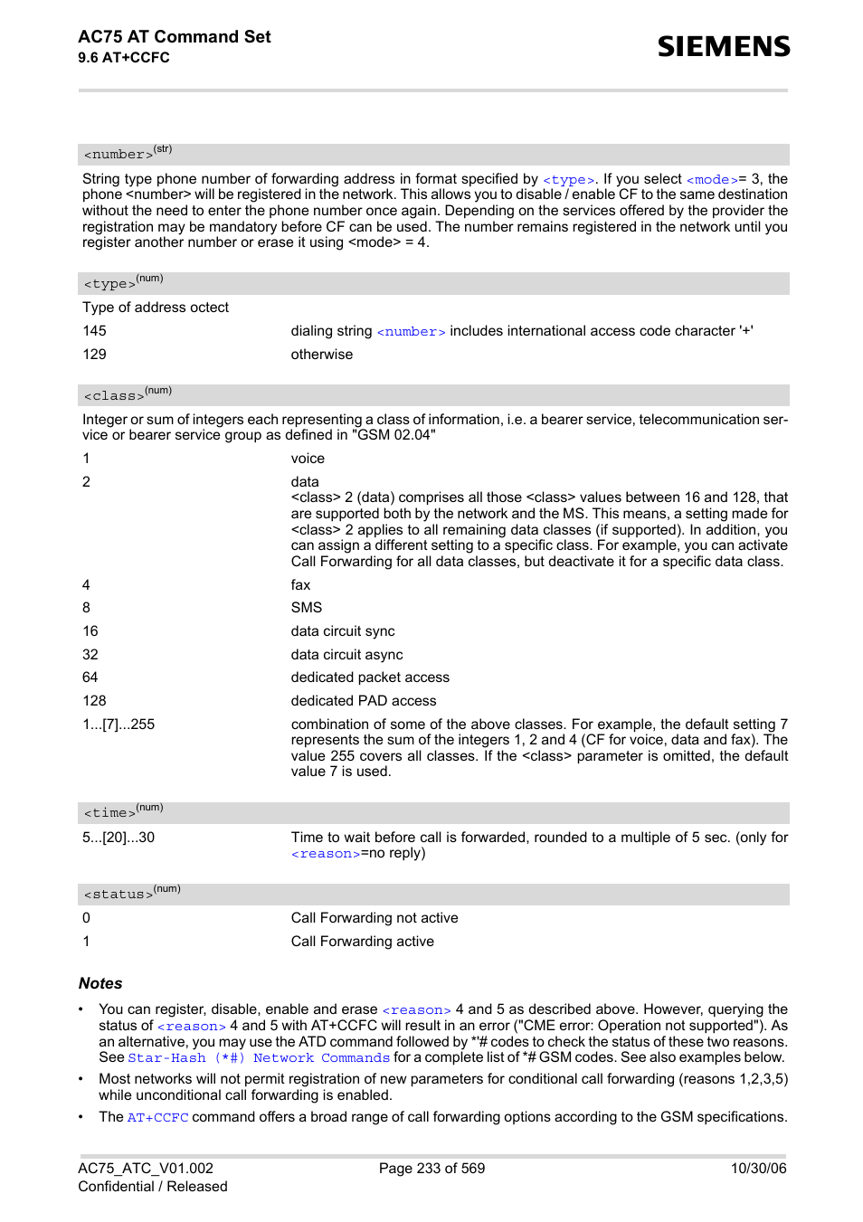 Number, Rase, Type | Class, Time, Ccfc, Status, Ac75 at command set | Siemens AC75 User Manual | Page 233 / 569