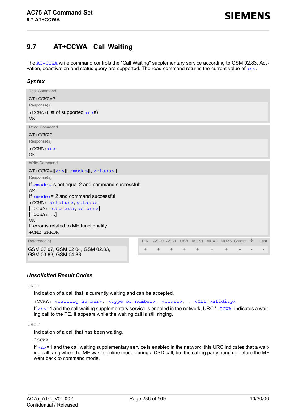 7 at+ccwa call waiting, At+ccwa call waiting, At+ccwa | Ac75 at command set | Siemens AC75 User Manual | Page 236 / 569