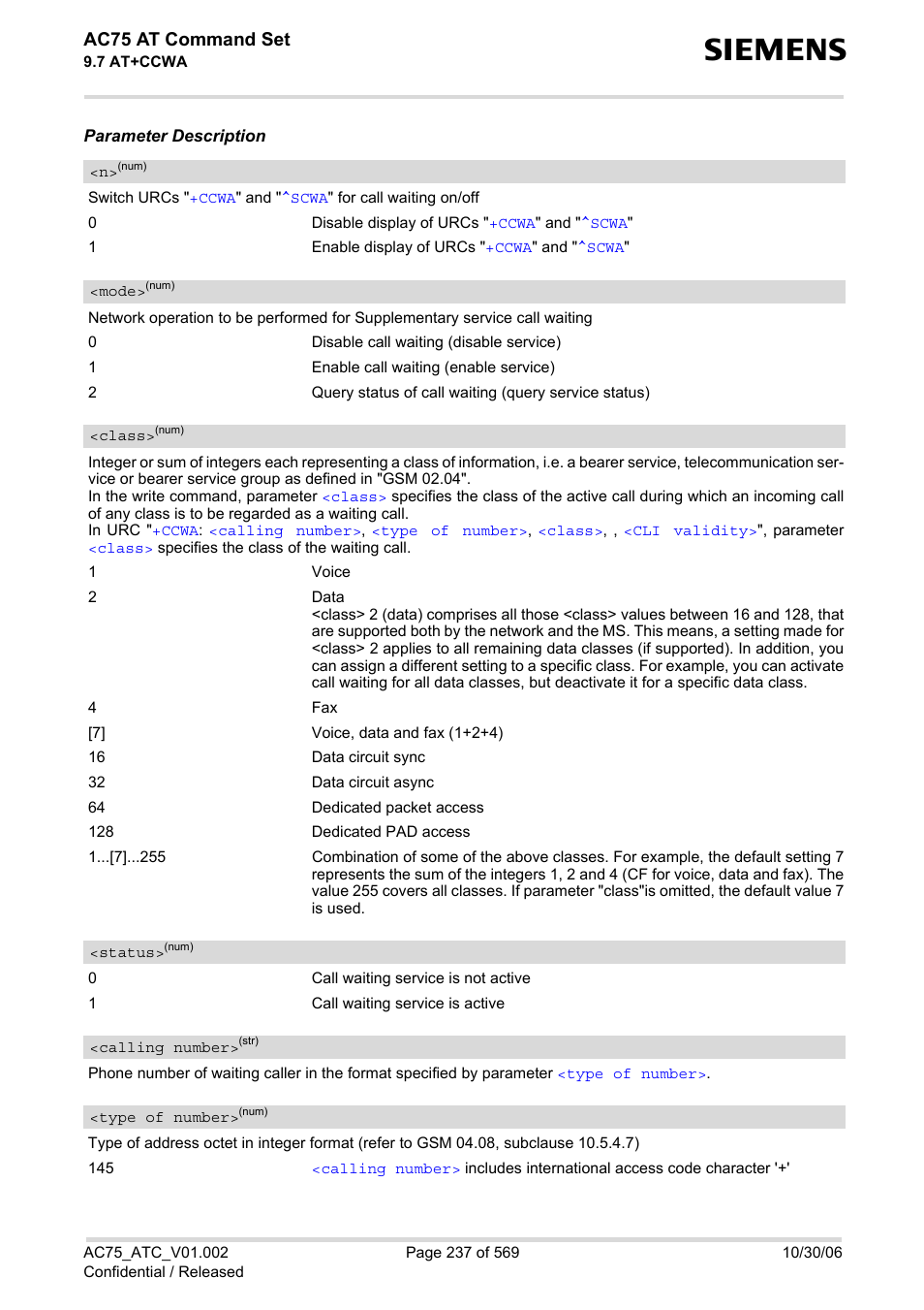 Calling number, Type of number, Class | Mode, Is no, 2 an, Ccwa, Status, Ac75 at command set | Siemens AC75 User Manual | Page 237 / 569