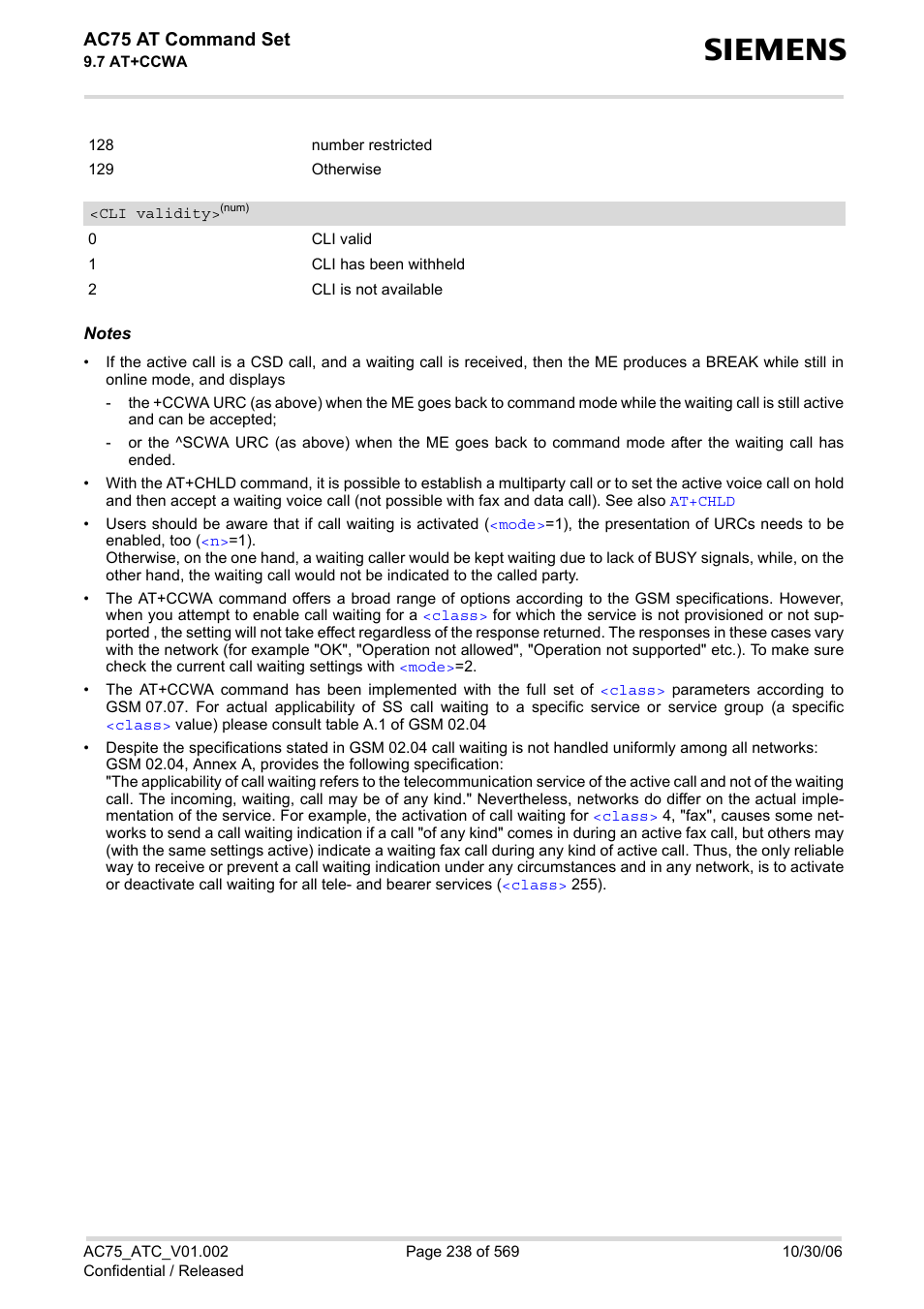 Cli validity, Ac75 at command set | Siemens AC75 User Manual | Page 238 / 569