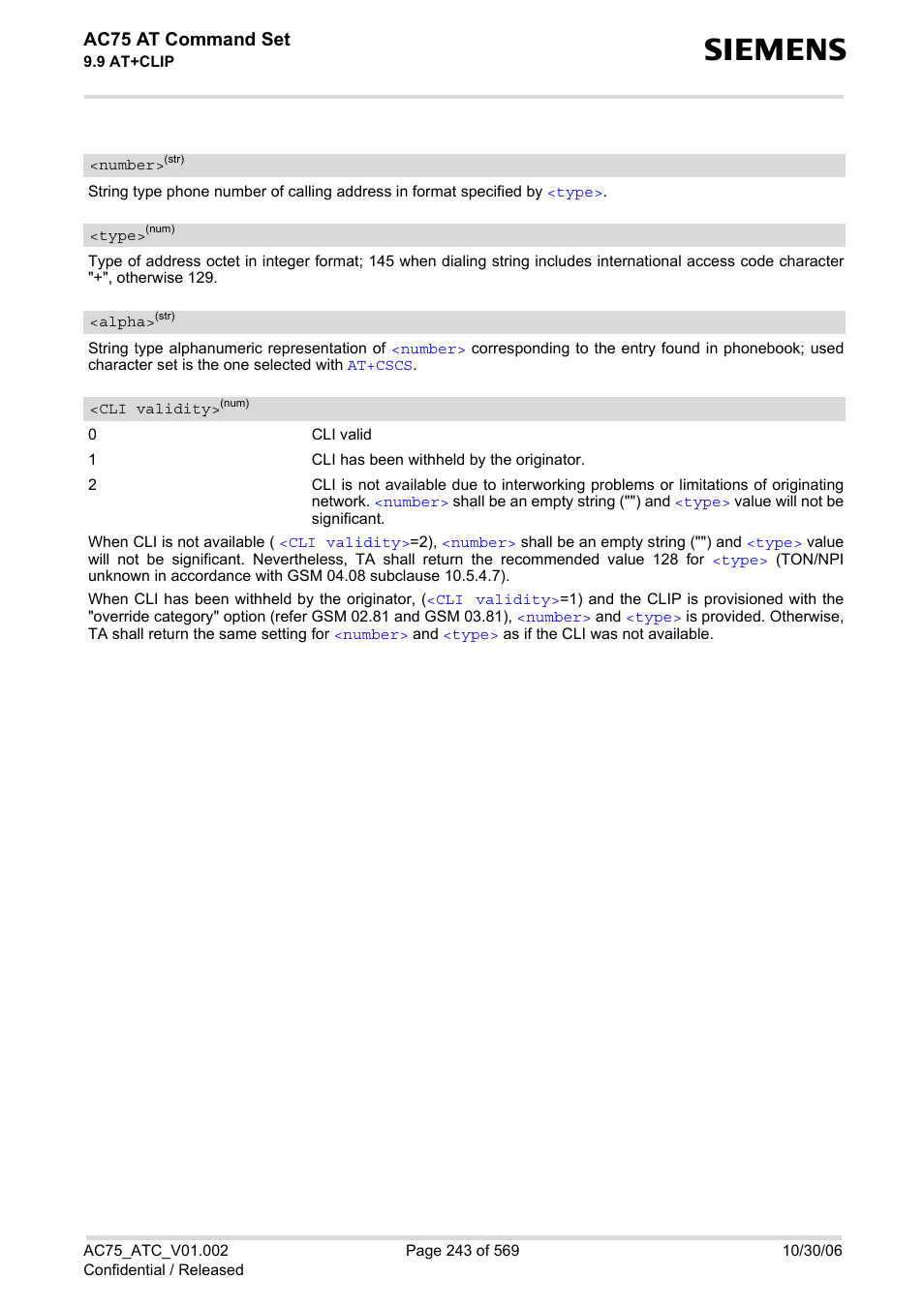 Number, Type, Alpha | Cli validity, Ac75 at command set | Siemens AC75 User Manual | Page 243 / 569