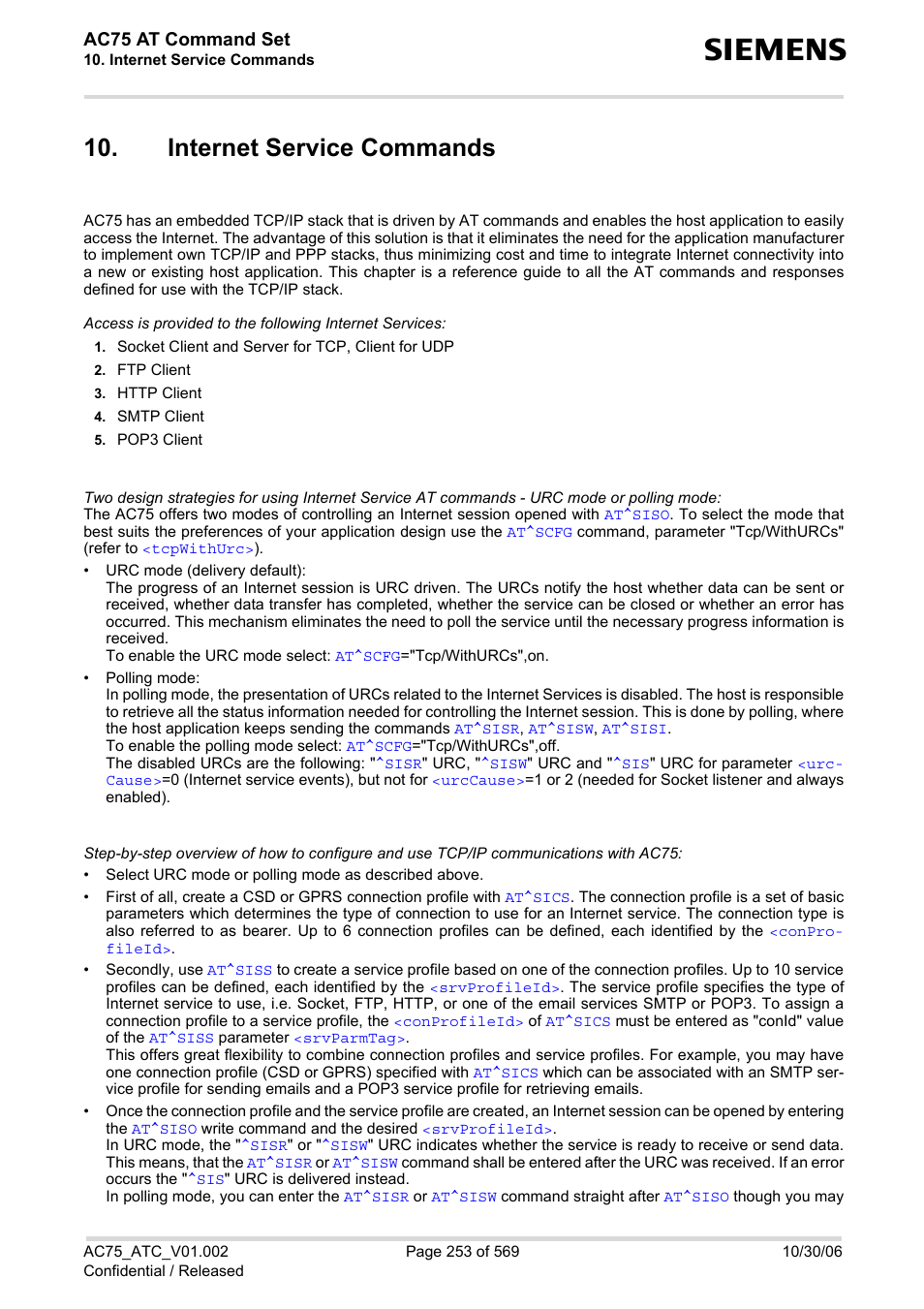 Internet service commands, Ac75 at command set | Siemens AC75 User Manual | Page 253 / 569