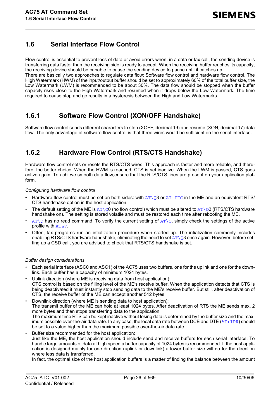 6 serial interface flow control, 1 software flow control (xon/off handshake), 2 hardware flow control (rts/cts handshake) | Serial interface flow control 1.6.1, Software flow control (xon/off handshake), Hardware flow control (rts/cts handshake) | Siemens AC75 User Manual | Page 26 / 569