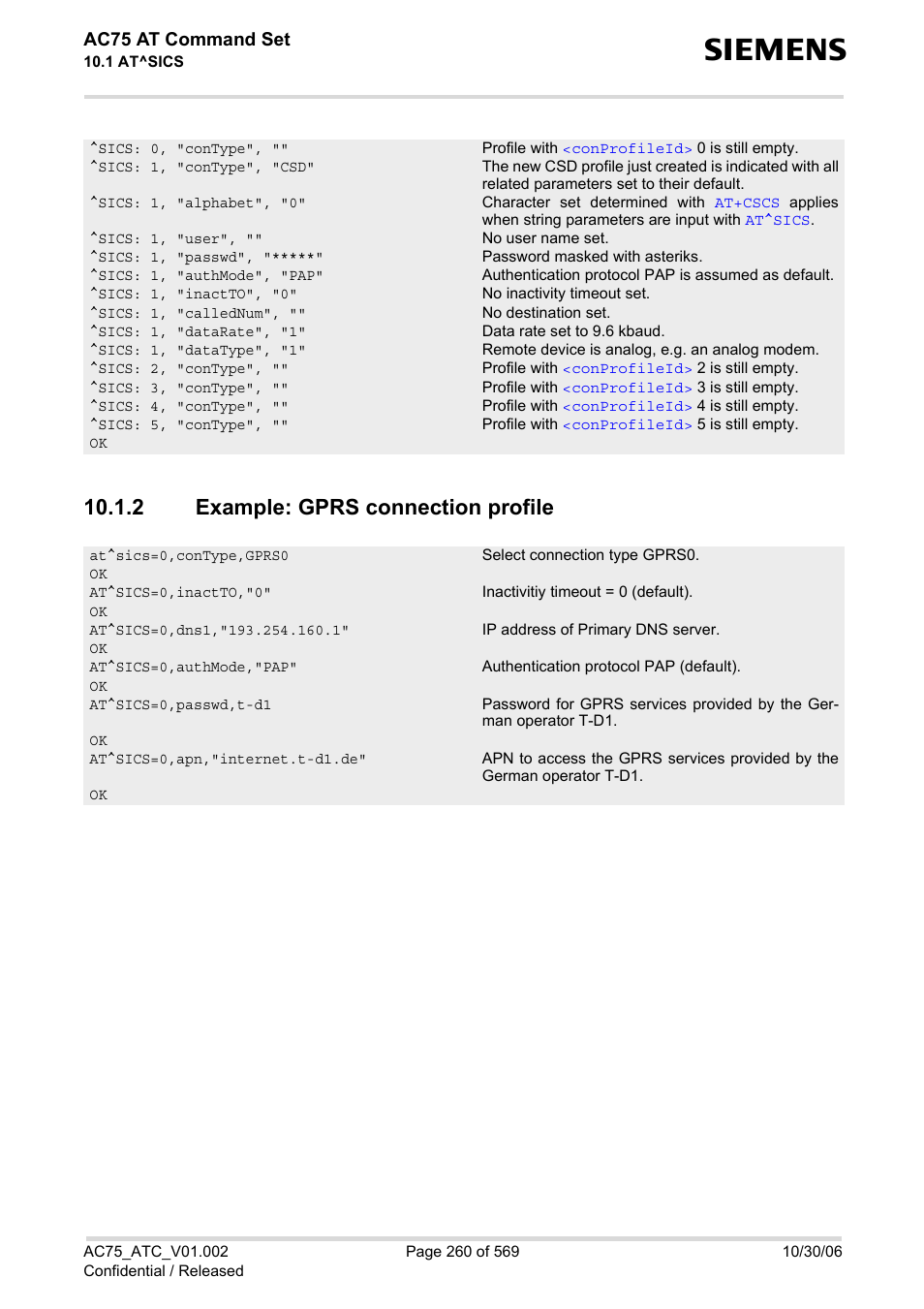 2 example: gprs connection profile, Example: gprs connection profile, Ac75 at command set | Siemens AC75 User Manual | Page 260 / 569