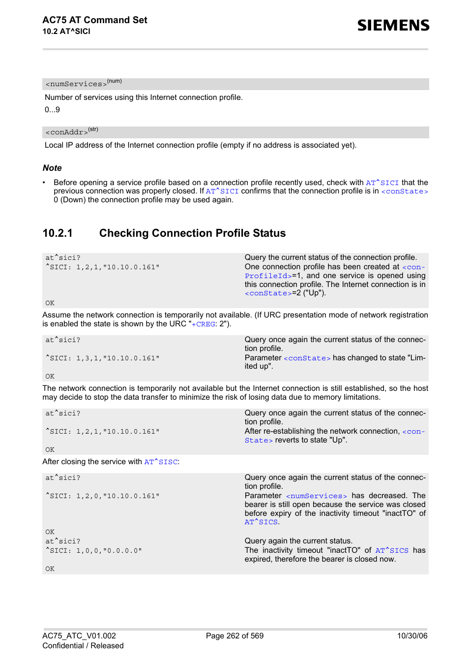 1 checking connection profile status, Checking connection profile status, Numservices | Conaddr, Ac75 at command set | Siemens AC75 User Manual | Page 262 / 569